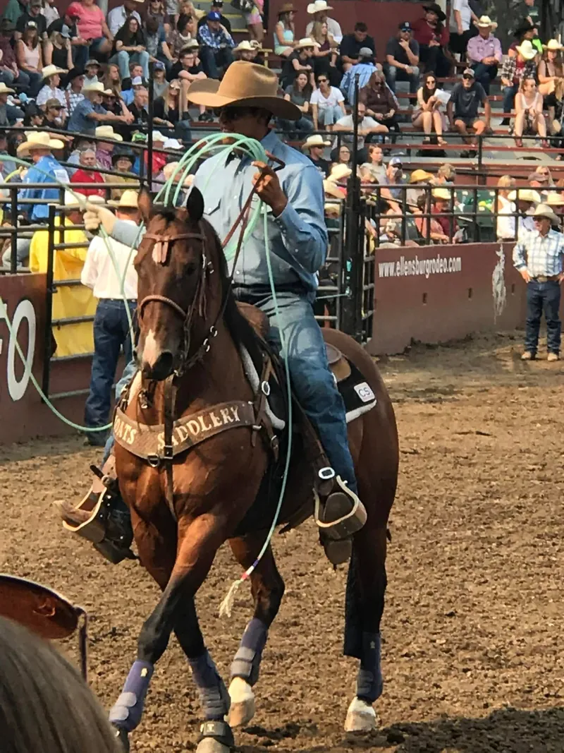 Phoenix on horseback in a rodeo arena